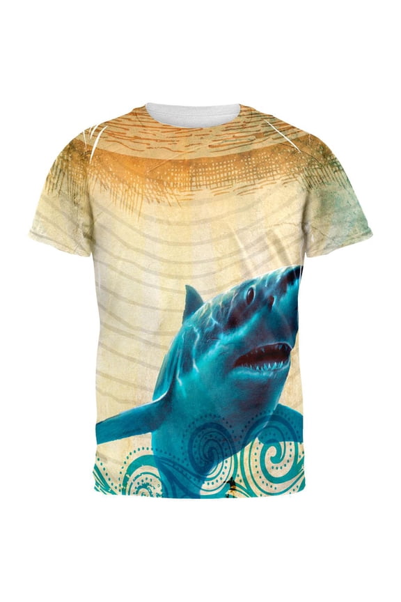 Great White Shark in Waves All Over Mens T Shirt Multi LG