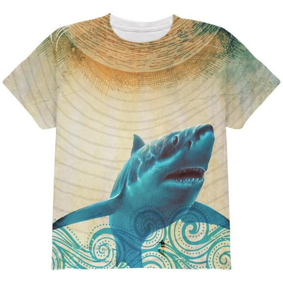 Great White Shark in Waves All Over Youth T Shirt Multi YLG