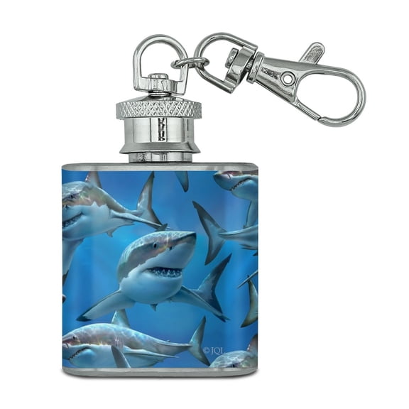 Great White Sharks Ocean Diving Pattern Stainless Steel 1oz Mini Flask Key Chain