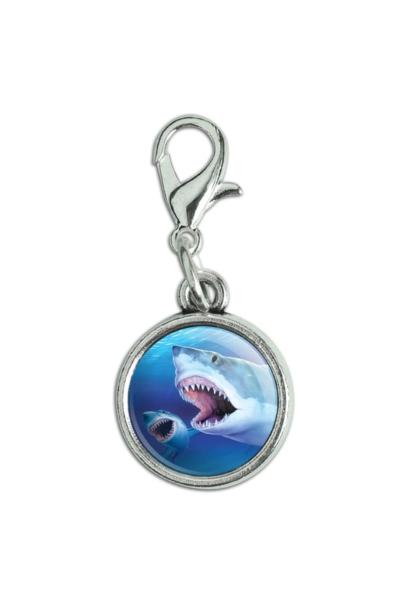 Great White Sharks Ocean Pair Scuba Diving Antiqued Bracelet Pendant Zipper Pull Charm with Lobster Clasp