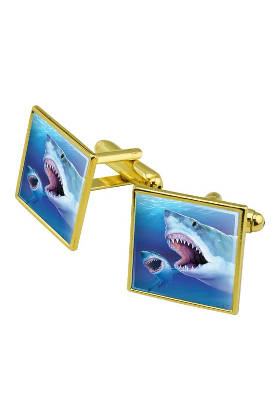 Great White Sharks Ocean Pair Scuba Diving Square Cufflink Set - Silver or Gold