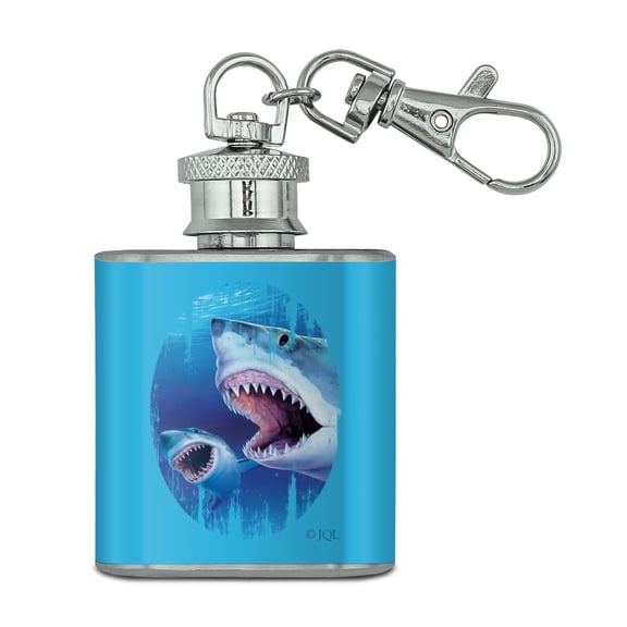 Great White Sharks Ocean Pair Scuba Diving Stainless Steel 1oz Mini Flask Key Chain