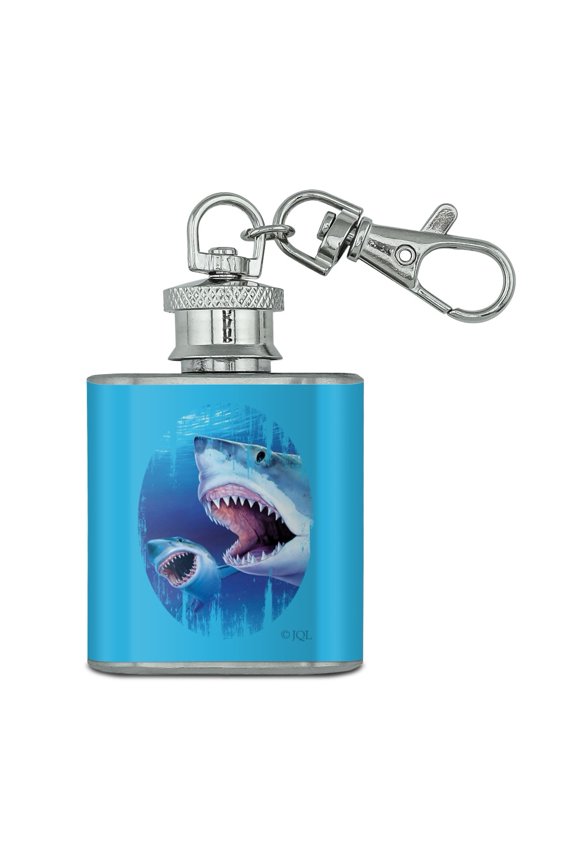 Great White Sharks Ocean Pair Scuba Diving Stainless Steel 1oz Mini Flask Key Chain