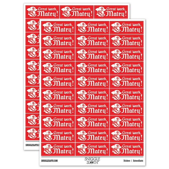 Great Work Matey Pirate Parrot Teacher Student School Sticker Set - Red - Matte Finish - 1.75" Medium