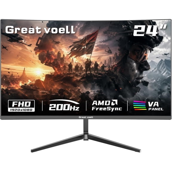 Greatvoell 24 Inch 200Hz Curved Gaming Monitor, FHD 1080p Fast VA, 1ms MPRT, 3000R, AMD FreeSync, HDMI DP, VESA