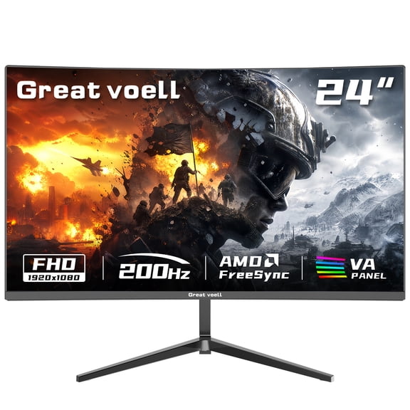 Great voell 24 Inch 200Hz Curved Gaming Monitor, 1ms MPRT Fast VA Computer Display, FHD 1920x1080P, AMD FreeSync, Low Motion Blur, 98% sRGB HDR PC Monitor, Frameless Design, HDMI & DisplayPort, VESA