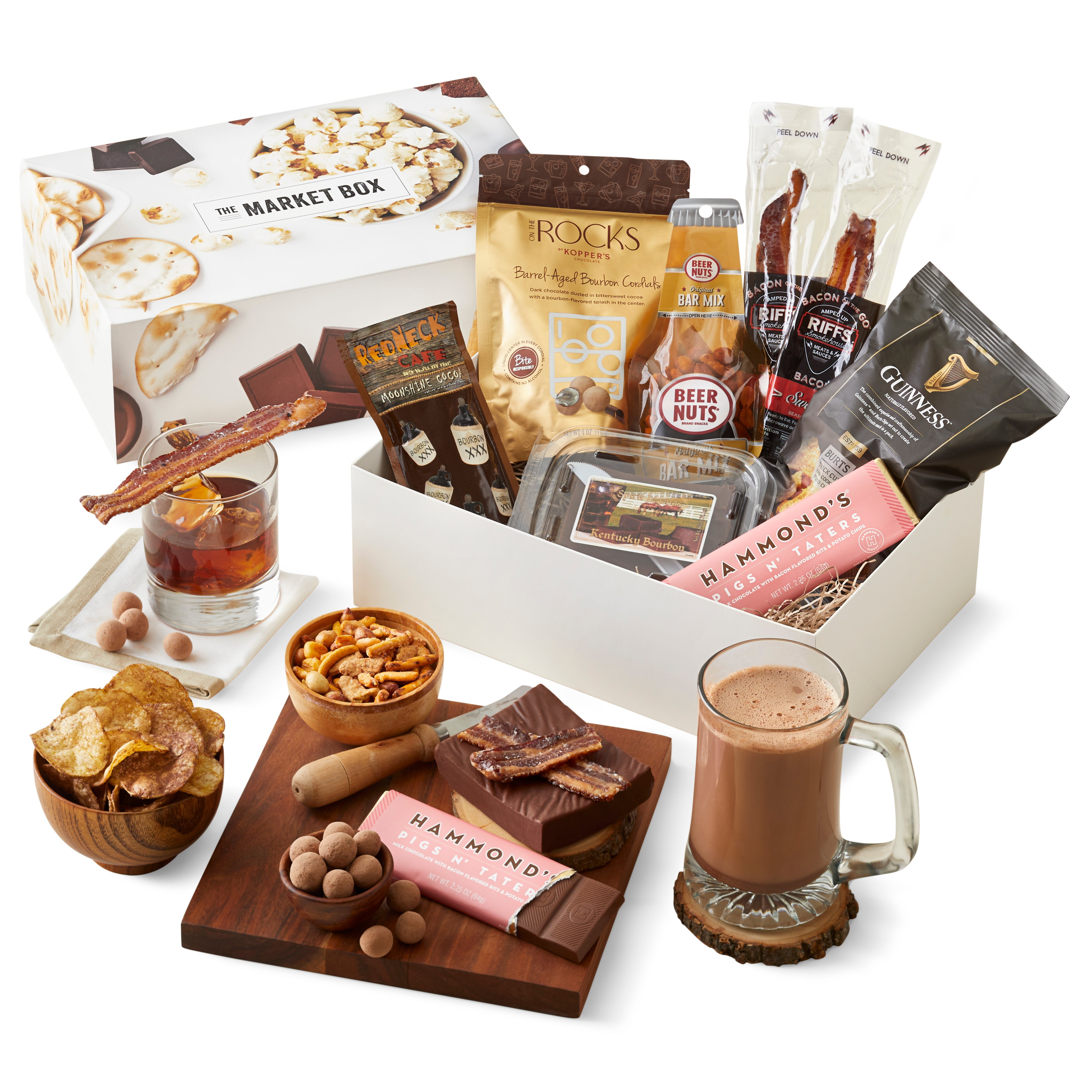GreatFoods Bacon Bourbon Beer Market Box with Guinness Chips, Beer Nuts and Bacon snacks & More
