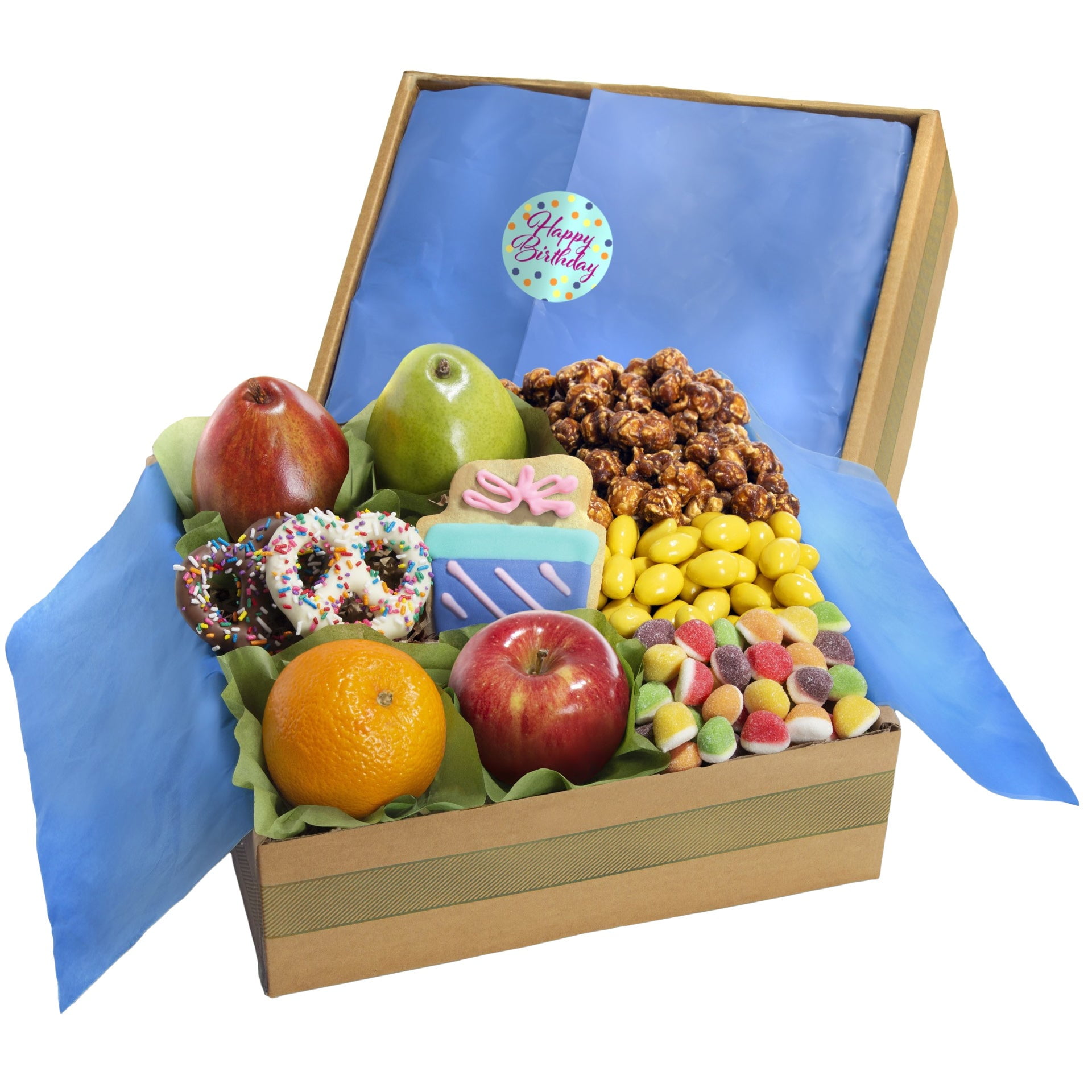 GreatFoods Happy Birthday Fresh Fruit & Sweets Gift Box with Birthday Cookie, Pretzels, Popcorn and More, Fruit Basket, Gift for Corporate Gifting, Snack Gift Basket, Gourmet Food Gifts