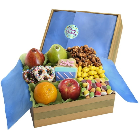 GreatFoods Happy Birthday Fresh Fruit & Sweets Gift Box with Birthday Cookie, Pretzels, Popcorn and More, Fruit Basket, Gift for Corporate Gifting, Snack Gift Basket, Gourmet Food Gifts
