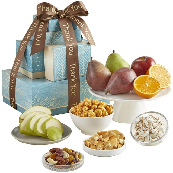 GreatFoods Thank You Fresh Fruit and Treats Tower, Gourmet Gift Box with Apples, Pears, Snacks, and Chocolates, Premium Fruit Basket for Appreciation and Gift Giving, For Any Occasion