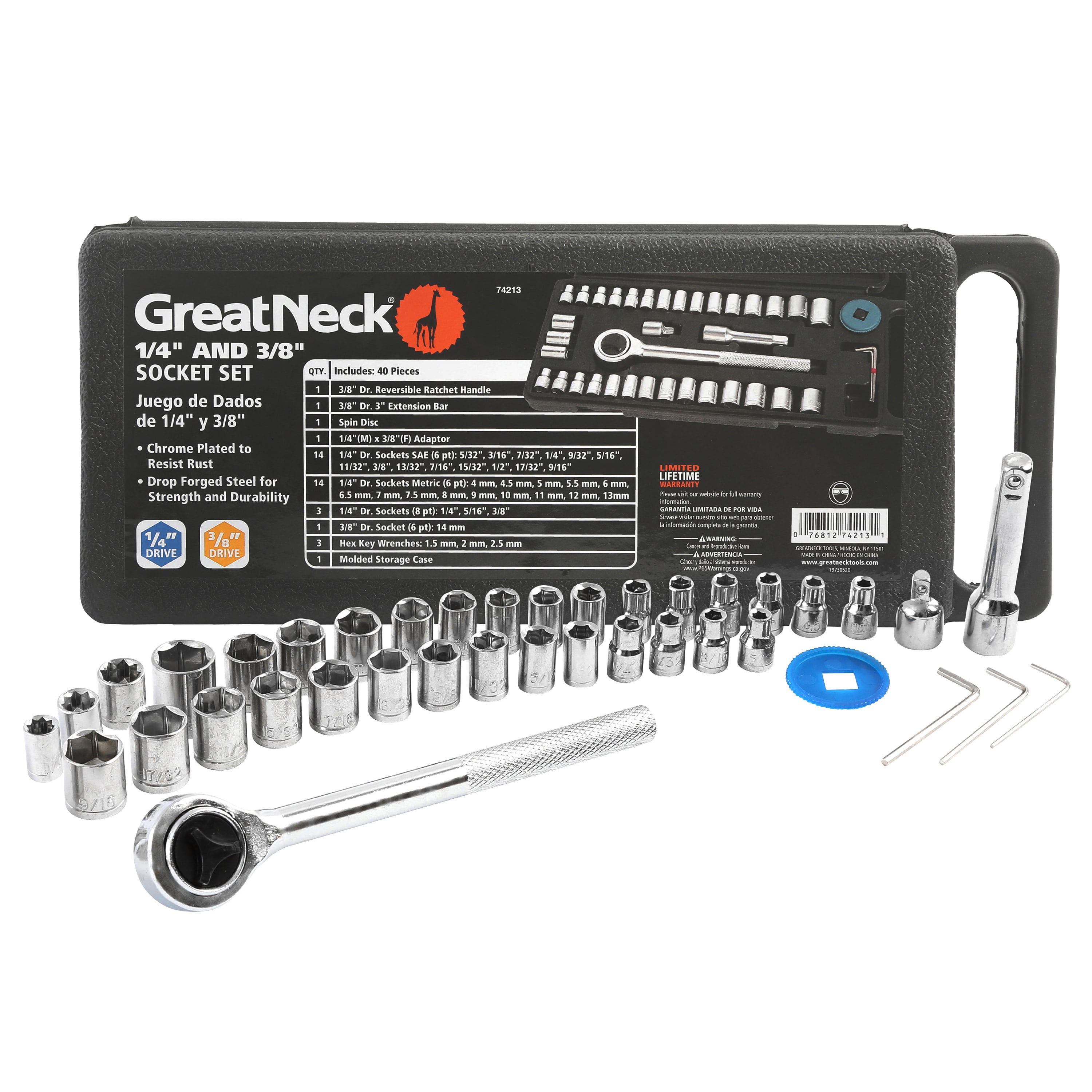 GreatNeck Ratchet and Socket Set, 1/4" & 3/8" Drive, 40 Pieces