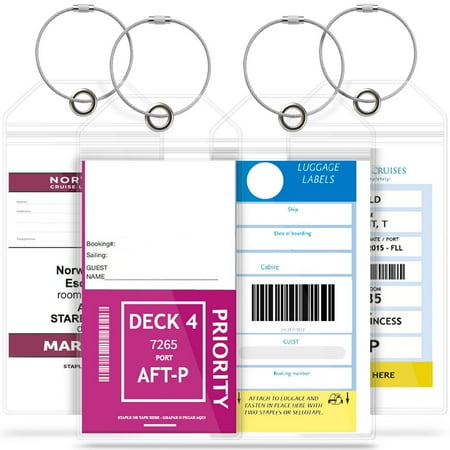 GreatShield 4 Pack Cruise Luggage Tag Holder, Premium Zip Seal Weather Resistant Clear PVC Plastic Pouch With Steel Loops, Cruise Ship Essentials For Carnival, Princess, NCL Norwegian Cruises Travel