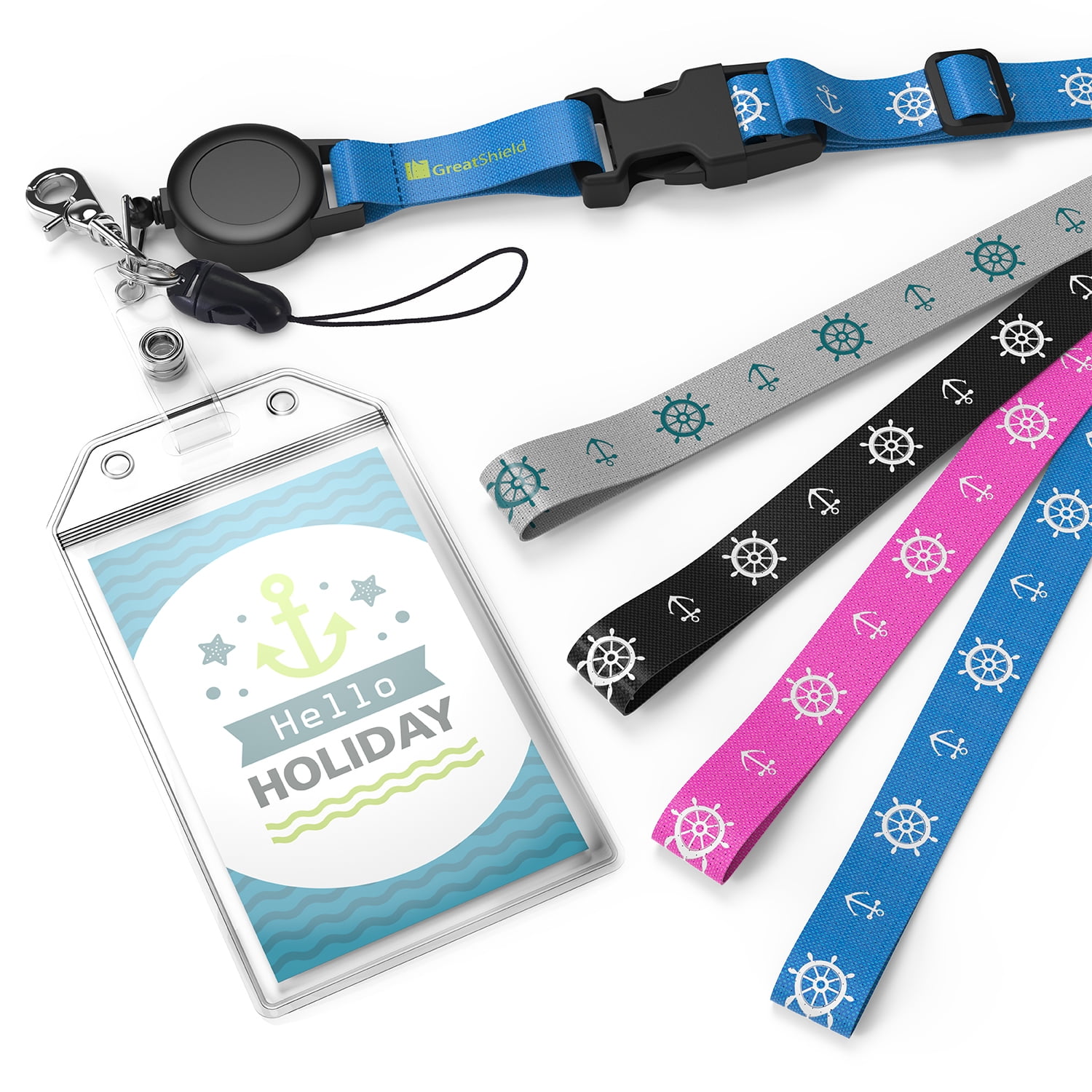 GreatShield Cruise Ship Lanyard Universal Badge Card ID Holder [Pack of 4] Weather Resistant PVC Zip Seal Pouch with Retractable Reel & Detachable Release Snap
