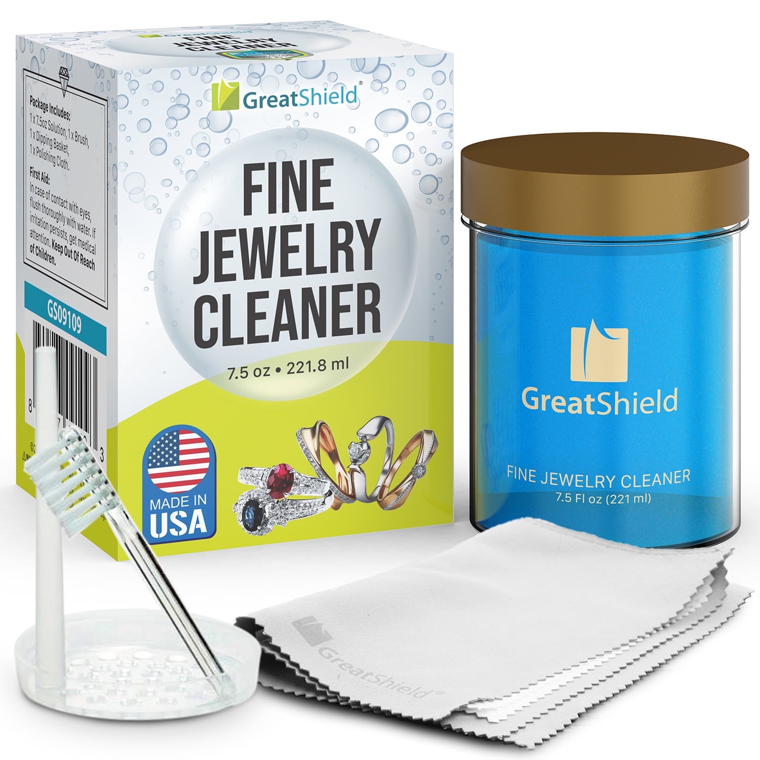 GREATSHIELD Fine Jewelry Cleaner Solution Kit With Cleaning Brush, Polishing Microfiber Cloths and Basket, Suitable For Gold, Platinum, Titanium, Diamond, Crystal, Bracelet, Rings, Necklace, Earrings