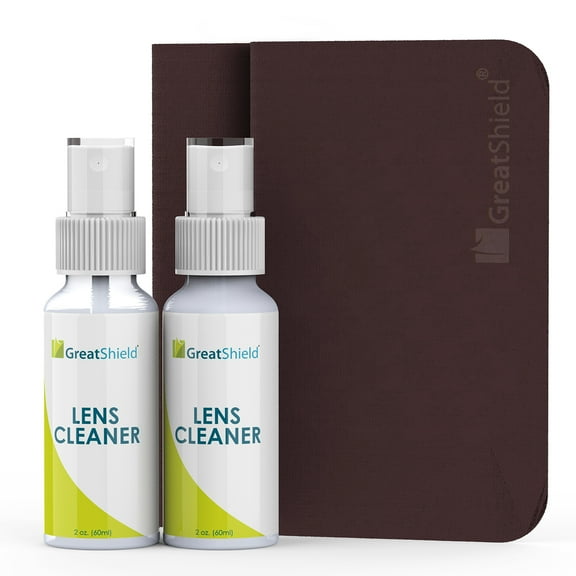 GreatShield Lens Cleaner Spray Kit, 2X 2oz Cleaning Solution Bottles + 2X Microfiber Cloths, Streaks and Alcohol Free, Removes Fingerprints, Dust, Oil, for Eyeglasses, Cameras and Safe for All Lenses