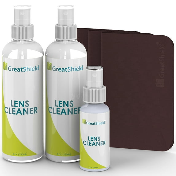 GreatShield Lens Cleaner Spray Kit, 2X 8oz + 2oz Cleaning Solution + 3X Microfiber Cloths, Streaks and Alcohol Free, Removes Fingerprints, Dust, Oil, for Eyeglasses, Cameras and Safe for All Lenses
