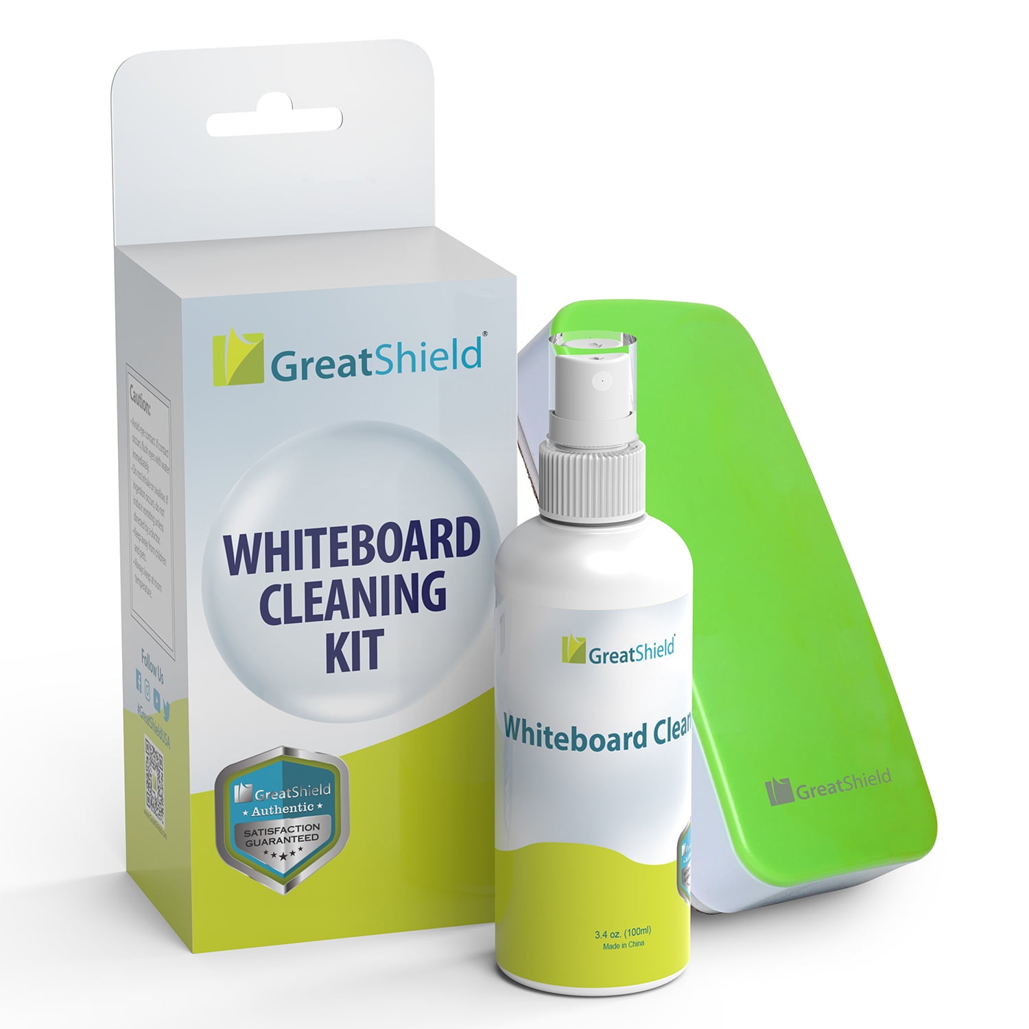 GreatShield Magnetic Whiteboard Eraser Cleaning Kit (Green), Dry Eraser, Glass Board Eraser, With 3.4 oz Note Board White Board Cleaner Spray Solution Included, for Classroom, Home and Office Use