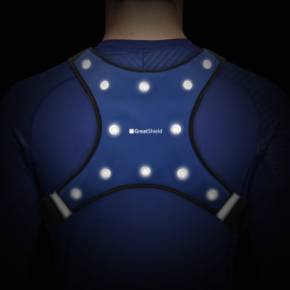 GreatShield Sport LED Running Vest - GLO Waterproof, 3 Way LED Lighting Outdoor Safety Vest for Biking, Hiking, Jogging with Pockets for iPhone 14/Plus/Pro/Pro Max, Galaxy S10+/S10 5G - Blue/Medium