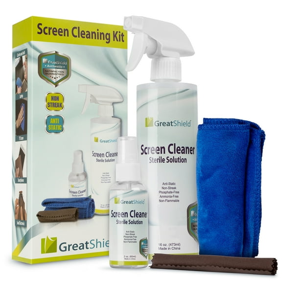 GreatShield Universal Screen Cleaning Kit, Large Blue Microfiber Cloth + Small Brown Microfiber Screen Cleaning Cloth + (2oz + 16oz) Non-Streak Solution Spray for TV, Laptops, PC Monitors, Smartphones
