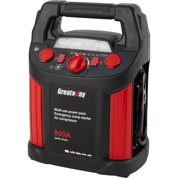 GreatWay Jump Starter with Air Compressor and LED Light, 12 Volts, 900 Peak Amps, Model# GM038C