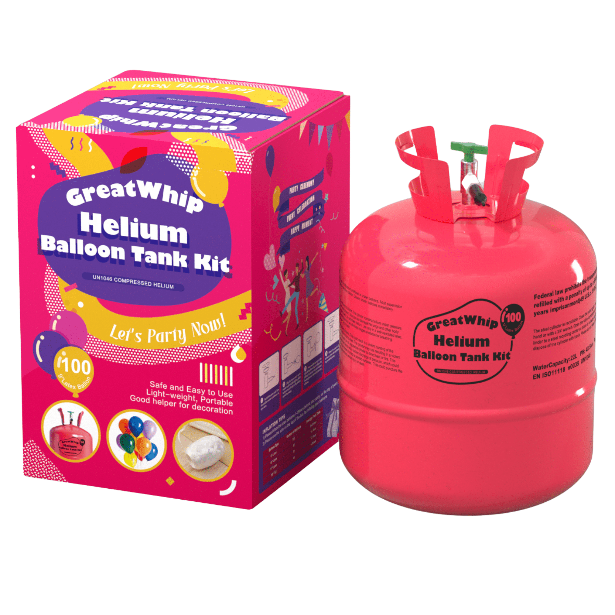 GreatWhip 22L Helium Tank up to 100 Latex (9)Balloons Helium Tank for  Balloons at Home Helium Balloon Pump Kit Blend 