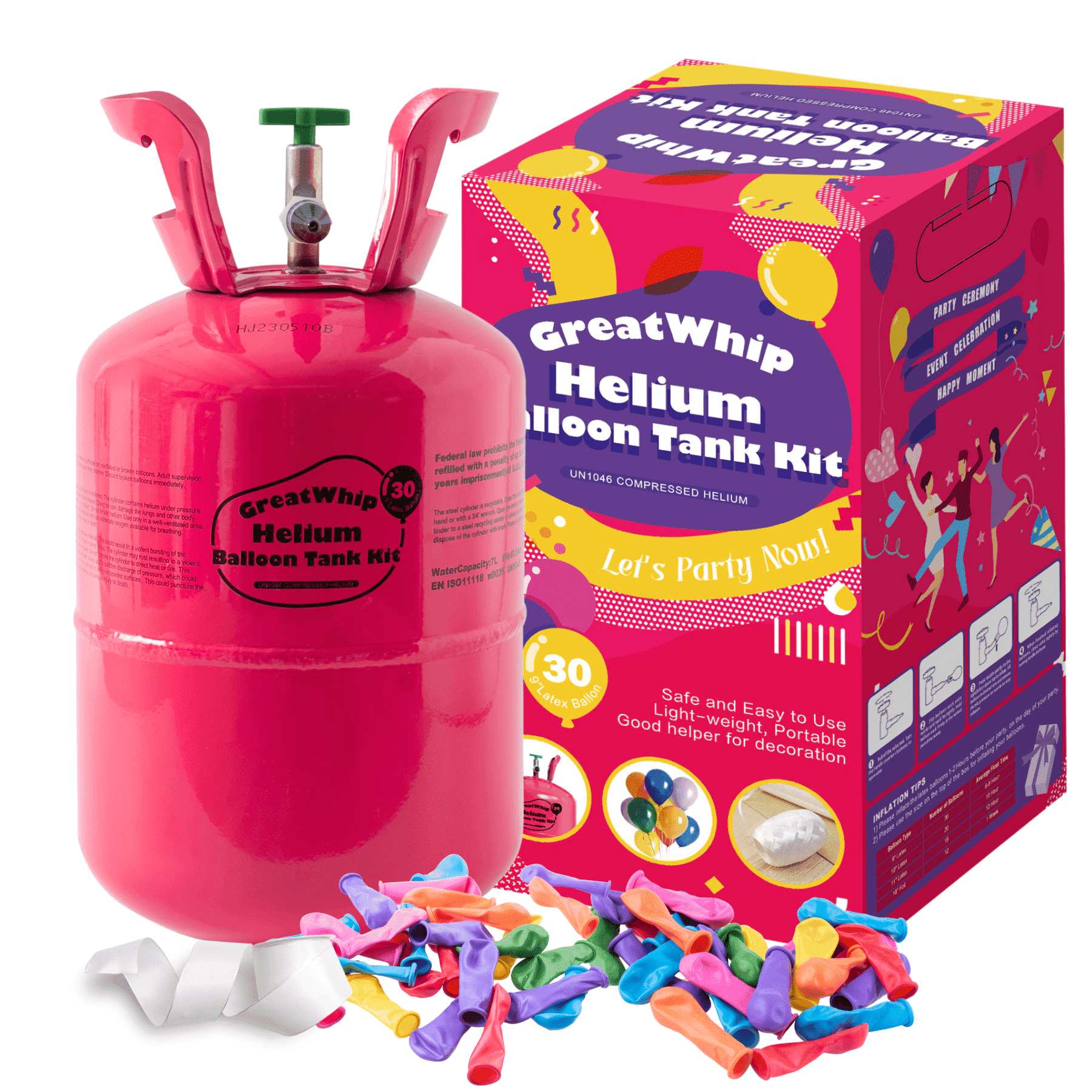 GreatWhip 7L Helium Tank up to 30 Latex Balloons Helium Tank for Balloons at Home Helium Balloon Pump Kit Blend