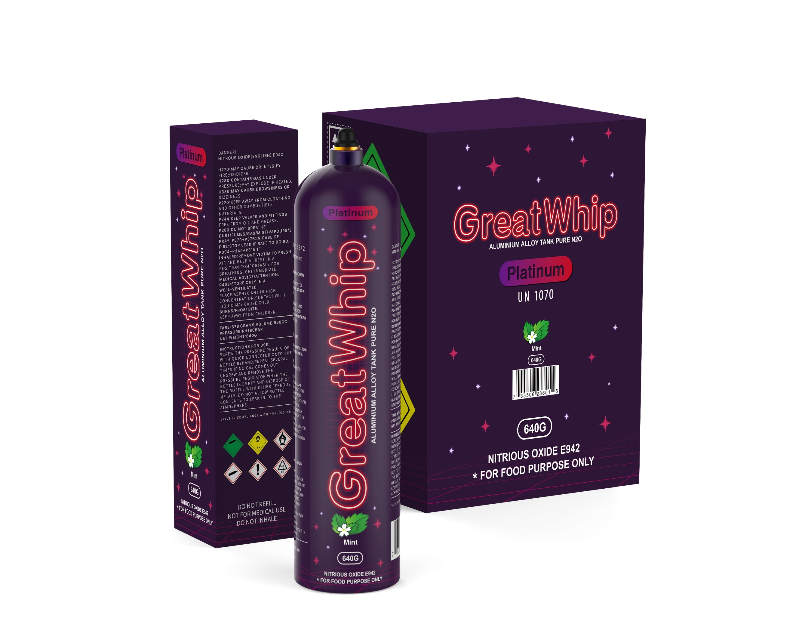 GreatWhip Aluminium Mint Flavored Whipped Cream Pure 640g N2O Charger Lightest Bottle Nitrous