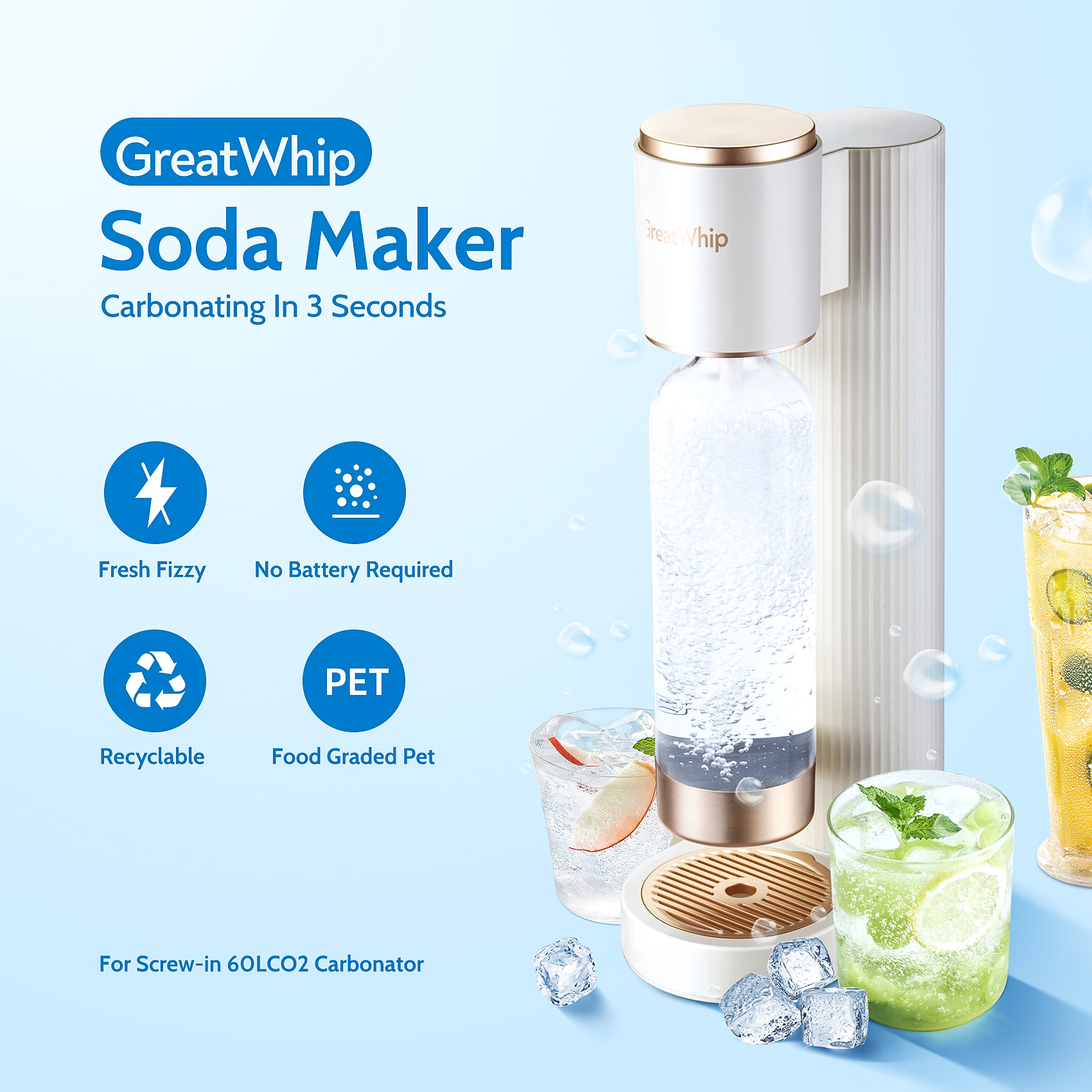 GreatWhip CO2 Soda Sparkling Water Maker Machine Set for CO2 60L Carbonator (White) - image 1 of 6