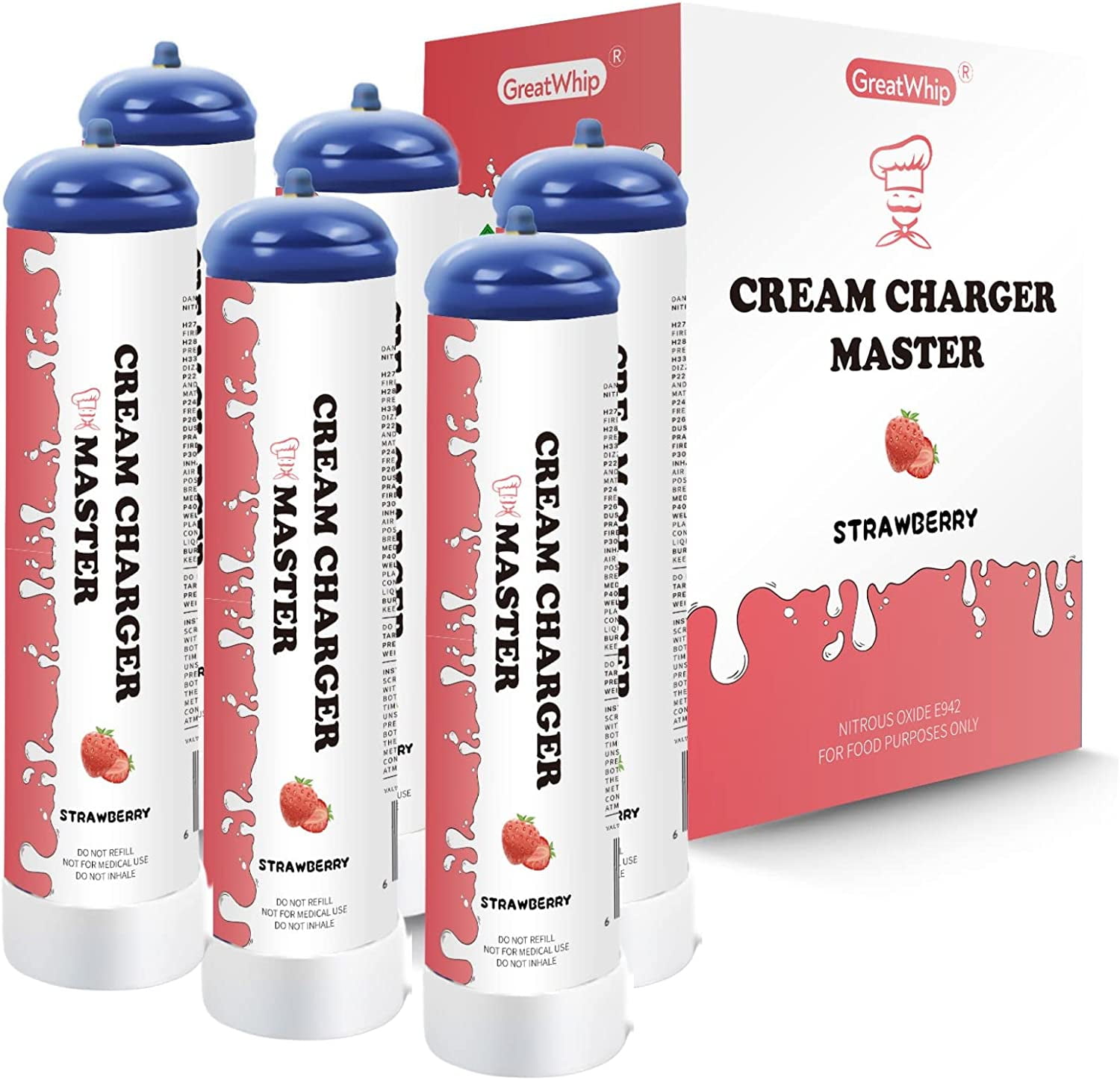 GreatWhip Strawberry Flavor N2O Whipped Cream Chargers 615g Pure Nitrous  Oxide Tanks 0.95L N2O Tanks (6 cylinders) 