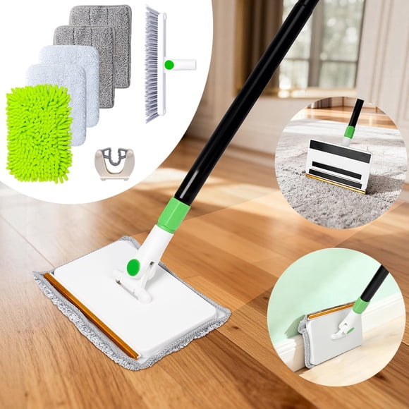 Greatcool 4-in-1 Baseboard Cleaning Tool with Handle 5 Reusable Pads 1 Stiff Bristle Brush Carpet Rake for Pet Hair Removal Baseboard Cleaner Carpet Windows Wall Floor Bathroom Kitchen