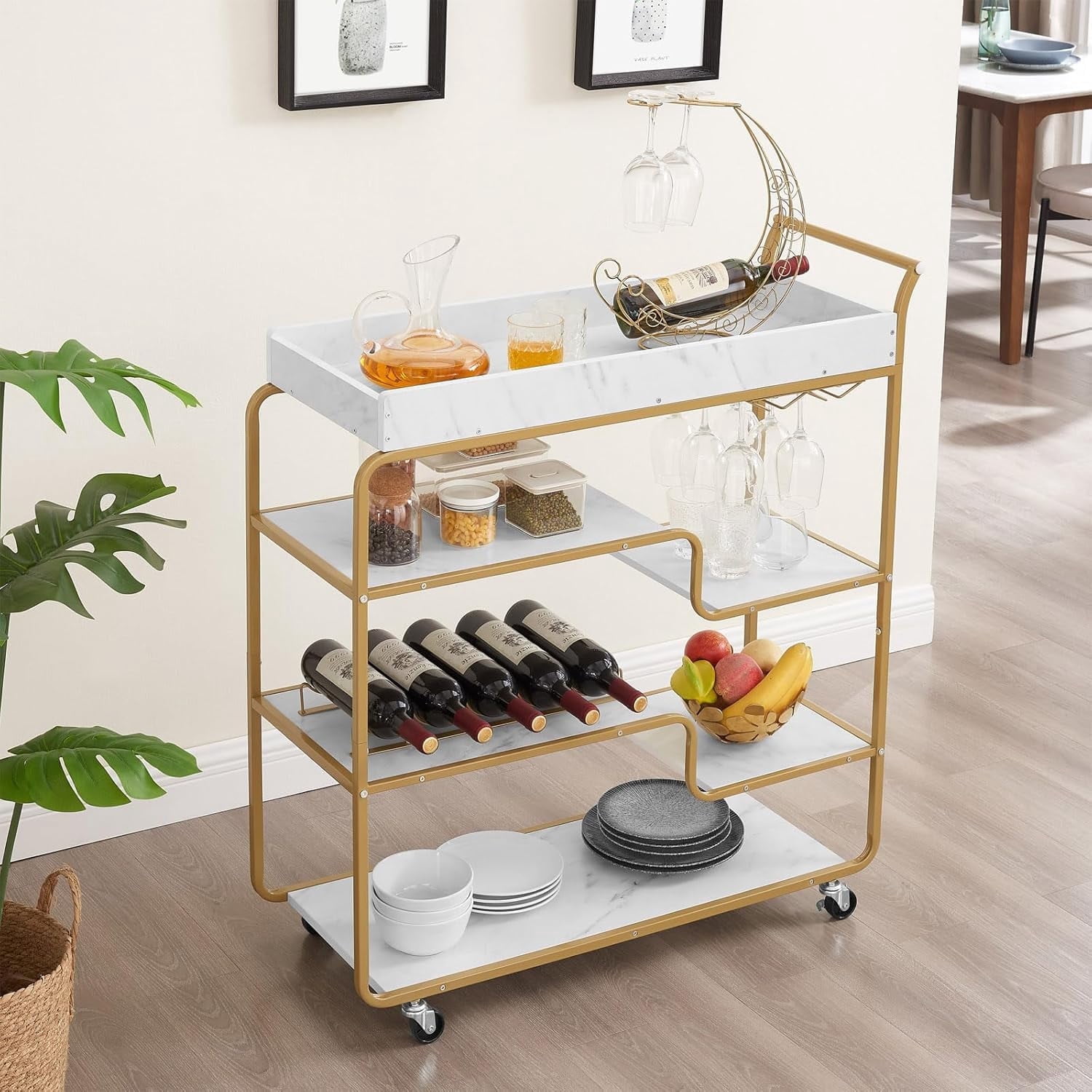 Greater 6-Tier Bar Cart, Gold Wine Cart with Wine Rack & Glass Holder ...