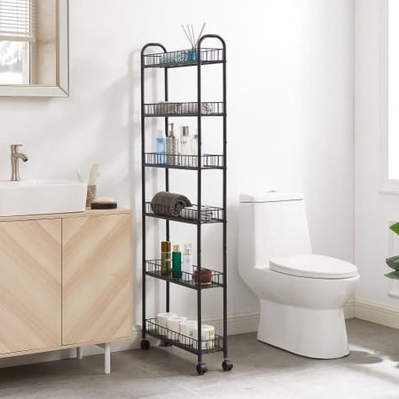 Greater 6 Tier Slim Rolling Storage Cart, Skinny Bathroom Organizer with 6 Shelves, Mobile Shelving Unit Utility Cart Tower Rack for Kitchen Laundry Office Narrow Places, Black