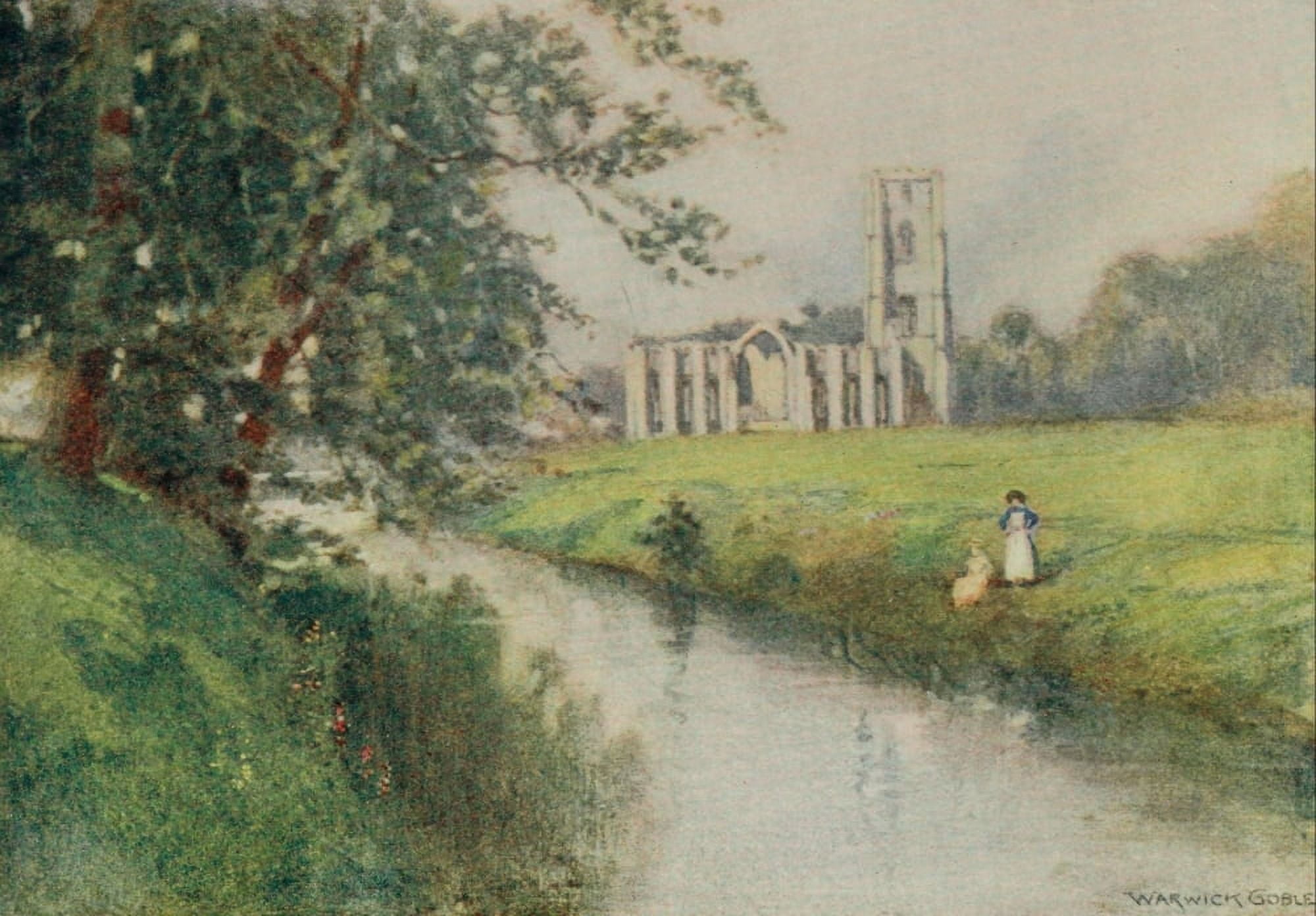 Greater Abbeys of England 1908 Fountains Abbey from the south-east Canvas Art - Warwick Goble (18 x 24)