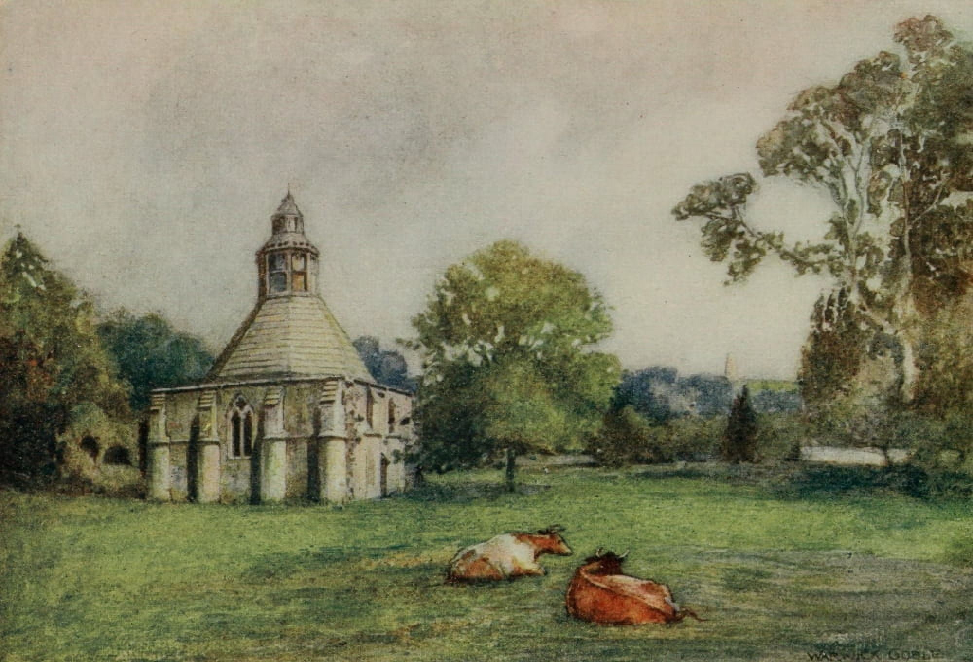 Greater Abbeys of England 1908 Glastonbury Abbey Abbots kitchen & Tor Canvas Art - Warwick Goble (18 x 24)
