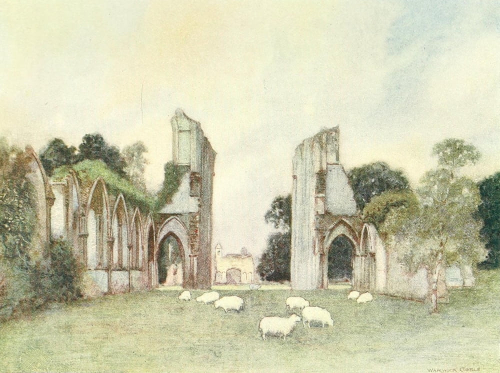 Greater Abbeys of England 1908 Glastonbury Abbey remains Canvas Art - Warwick Goble (18 x 24)