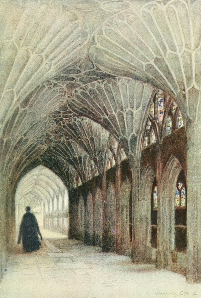 Greater Abbeys of England 1908 Gloucester Cathedral Cloister & Lavatorium Canvas Art - Warwick Goble (18 x 24)