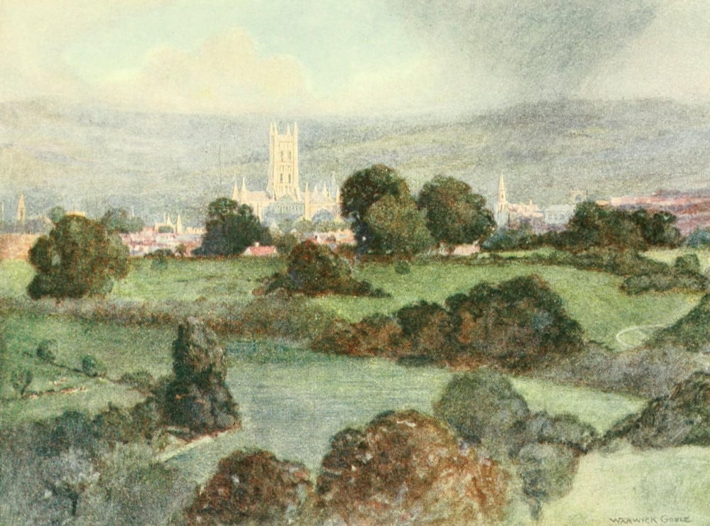 Greater Abbeys of England 1908 Gloucester Cathedral at sunset Canvas Art - Warwick Goble (24 x 36)