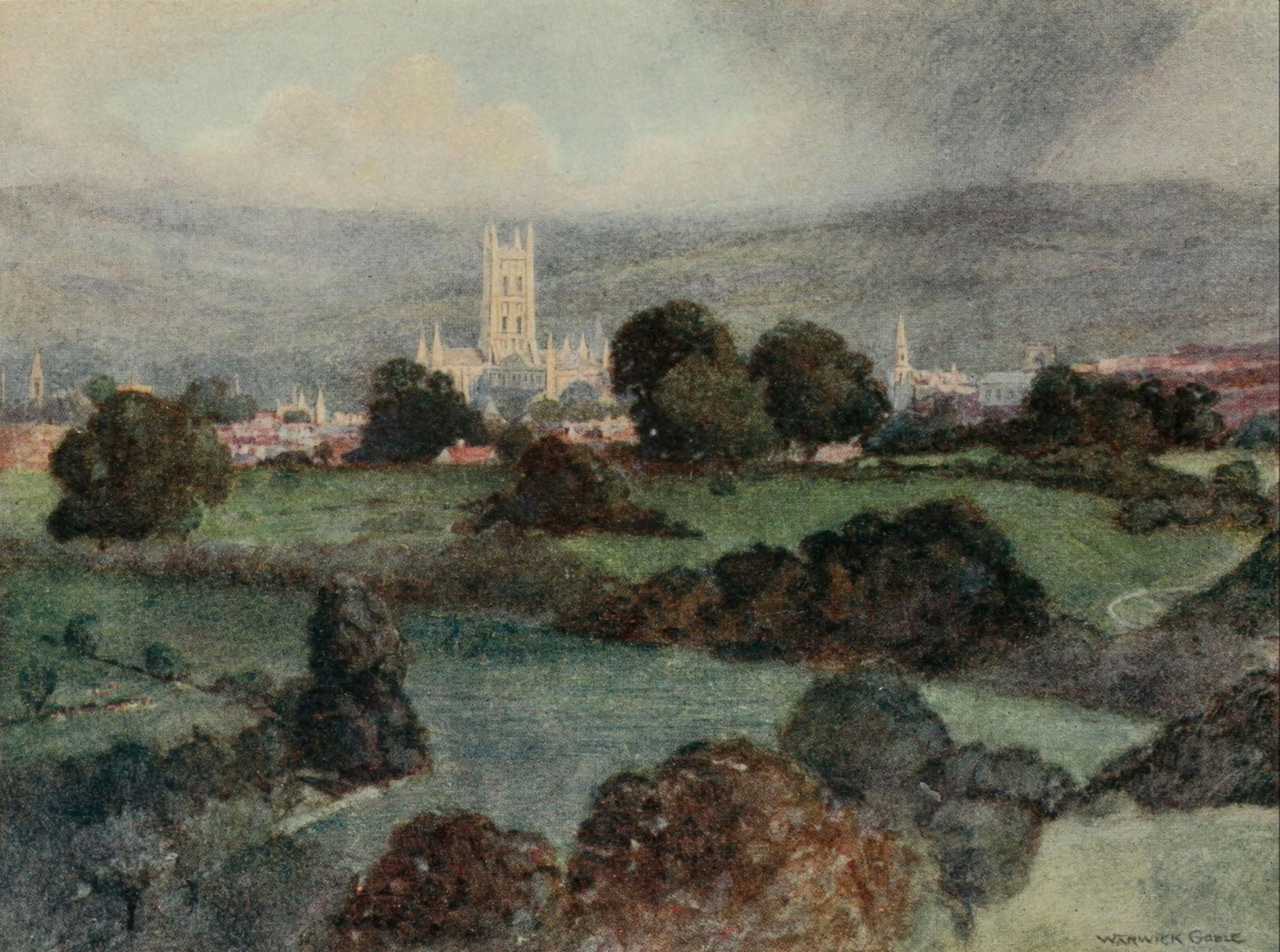 Greater Abbeys of England 1908 Gloucester Cathedral sunset Canvas Art - Warwick Goble (18 x 24)