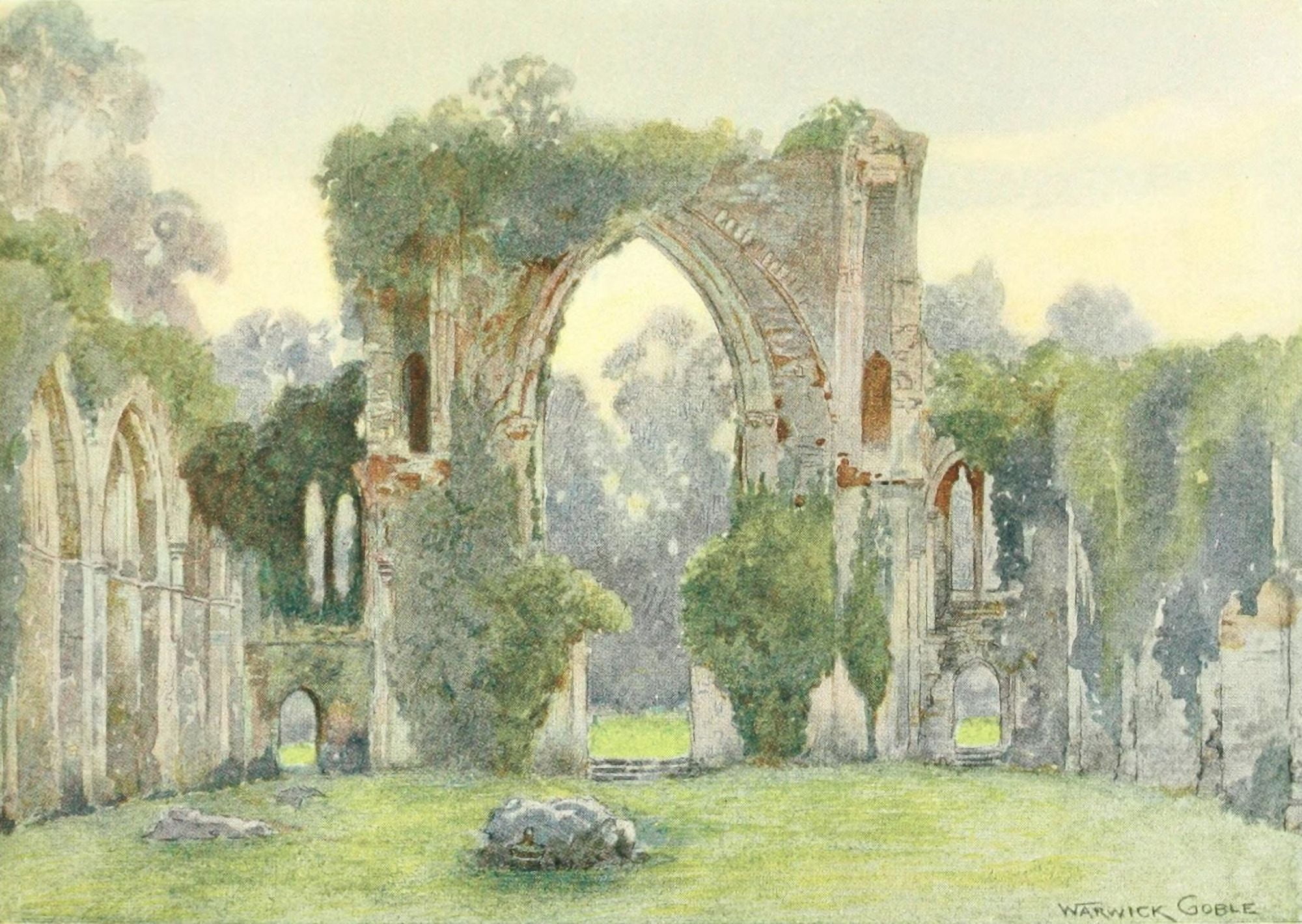 Greater Abbeys of England 1908 Netley Abbey looking west Canvas Art - Warwick Goble (18 x 24)