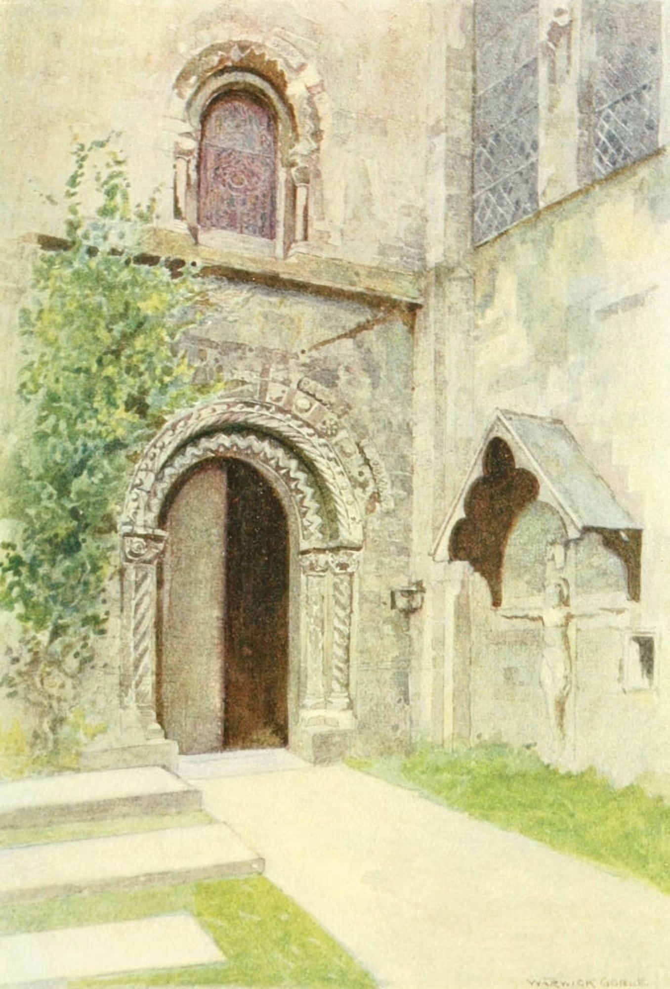 Greater Abbeys of England 1908 Romsey Abbey Nuns doorway Canvas Art - Warwick Goble (18 x 24)