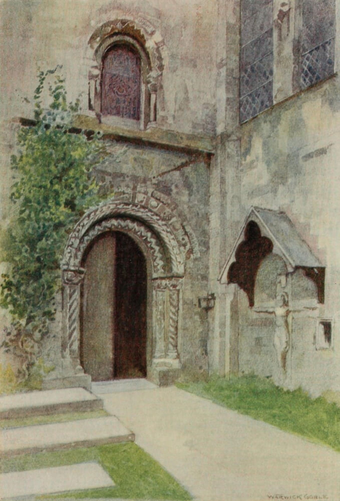 Greater Abbeys of England 1908 Romsey Abbey the Nuns Doorway Canvas Art - Warwick Goble (18 x 24)