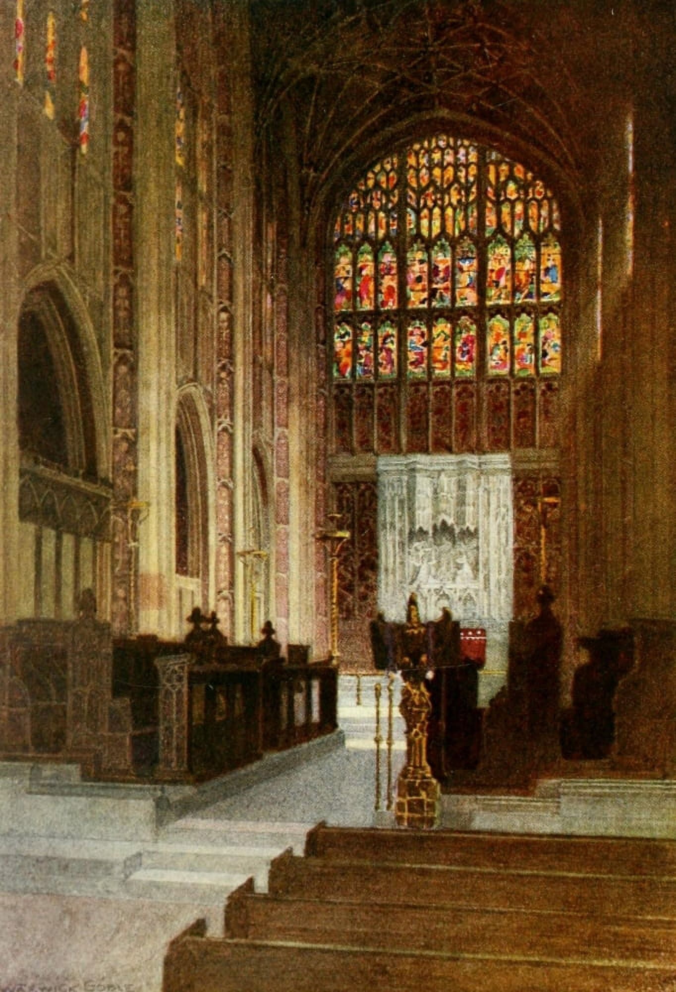 Greater Abbeys of England 1908 Sherborne Abbey Choir & East Window Canvas Art - Warwick Goble (18 x 24)