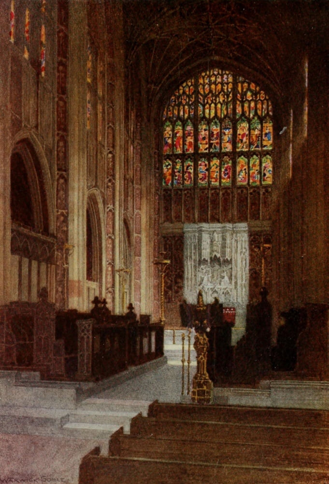 Greater Abbeys of England 1908 Sherborne Abbey Choir and East Window Canvas Art - Warwick Goble (18 x 24)