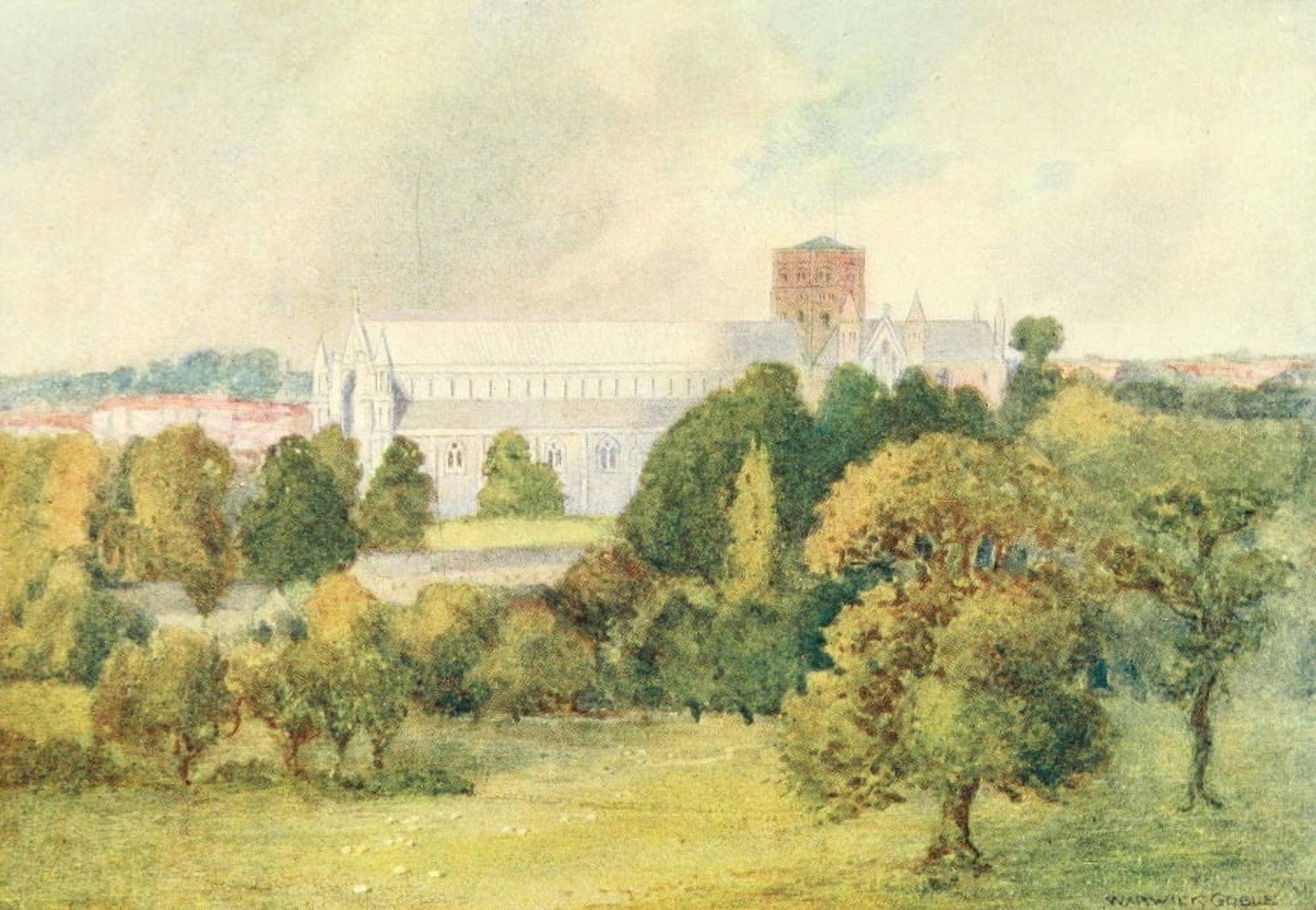 Greater Abbeys of England 1908 St Albans Cathedral from Verulam Hills Canvas Art - Warwick Goble (18 x 24)