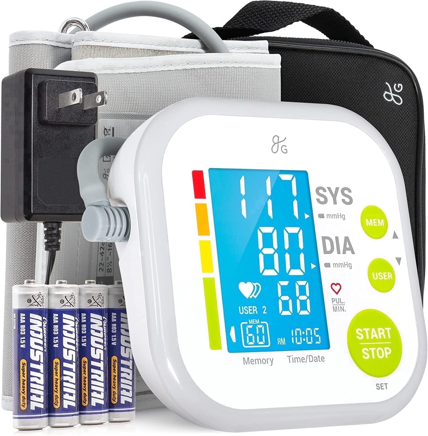 Greater Goods Blood Pressure Monitor Kit for Home Use - Upper Arm Cuff, Wall Adaptor, Large LCD Display
