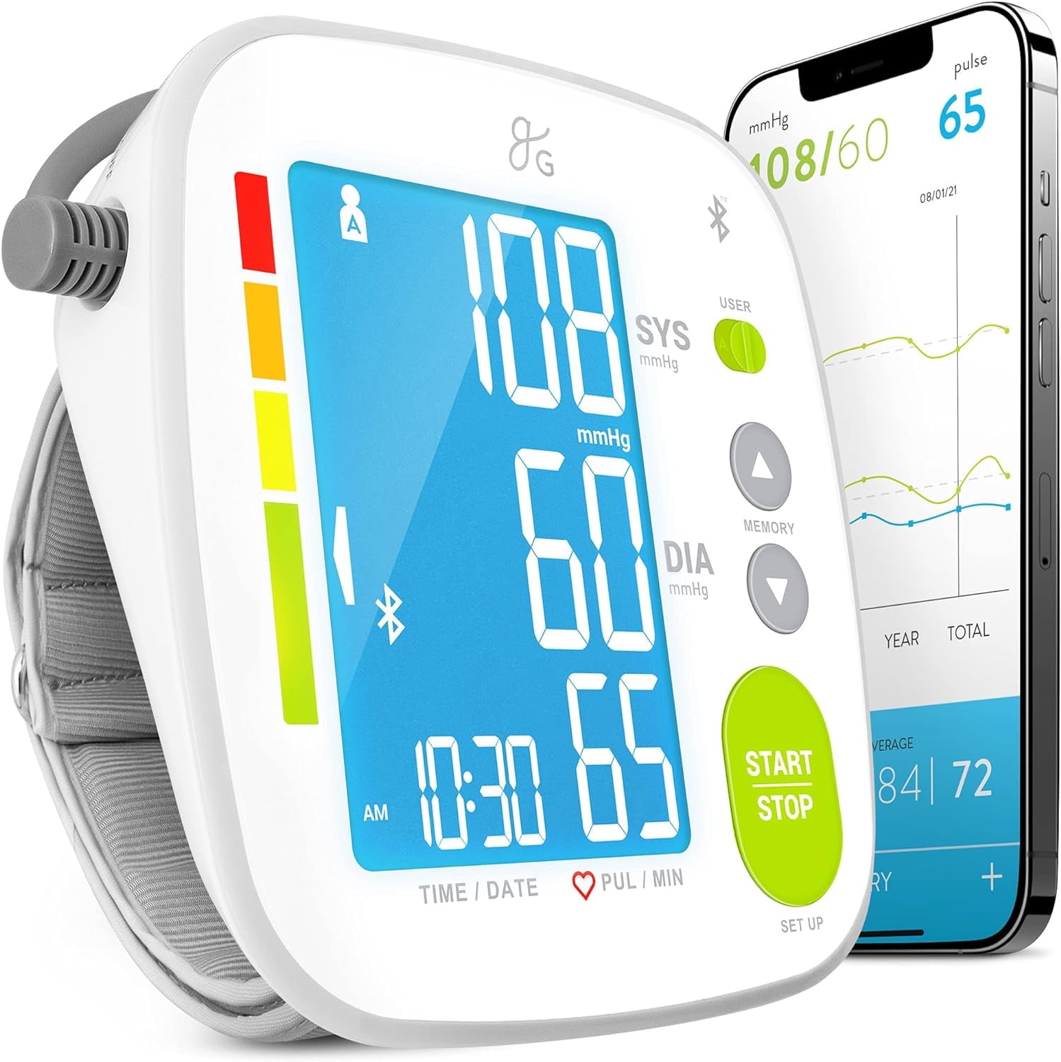 Greater Goods Bluetooth Blood Pressure Pulse Monitor, Upper Arm Cuff, Large Display