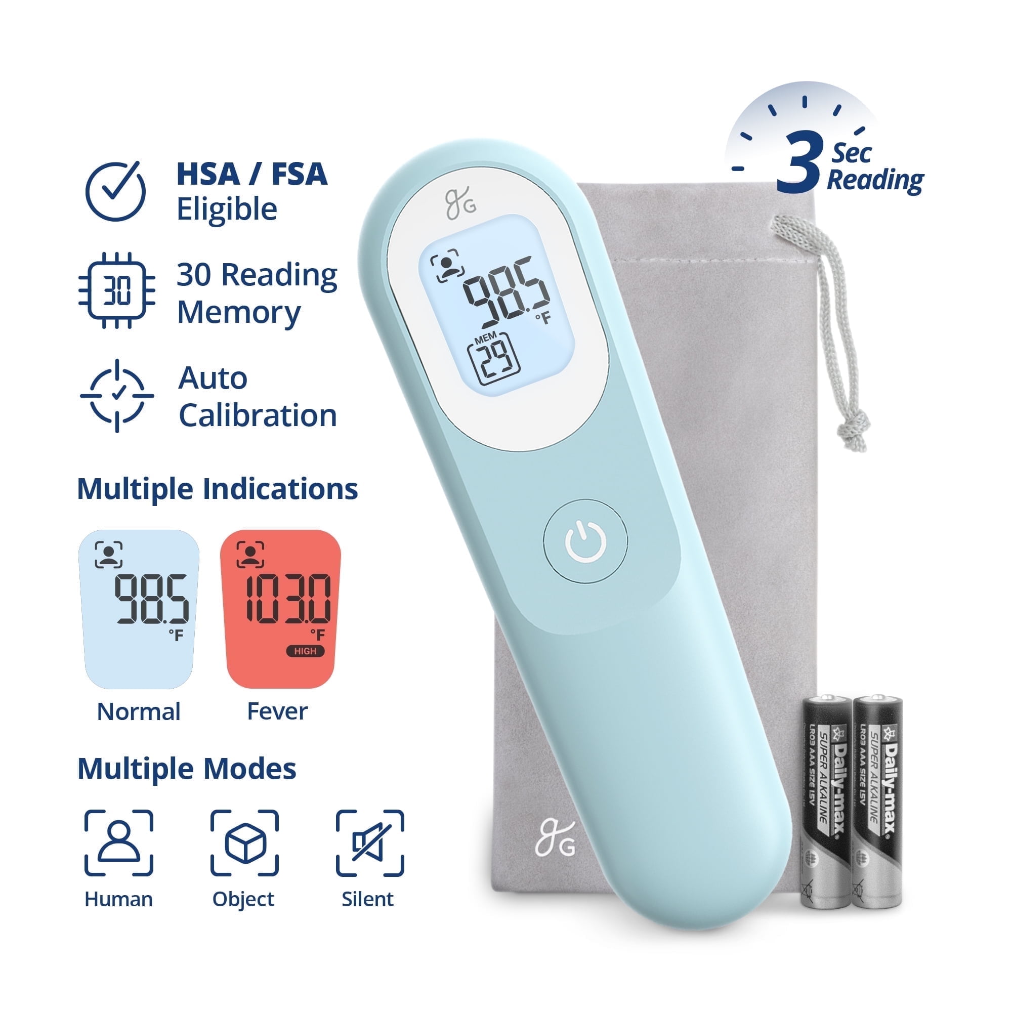 Greater Goods Digital Infrared Forehead Thermometer, Kids and Adults w Backlit Display, Powder Blue