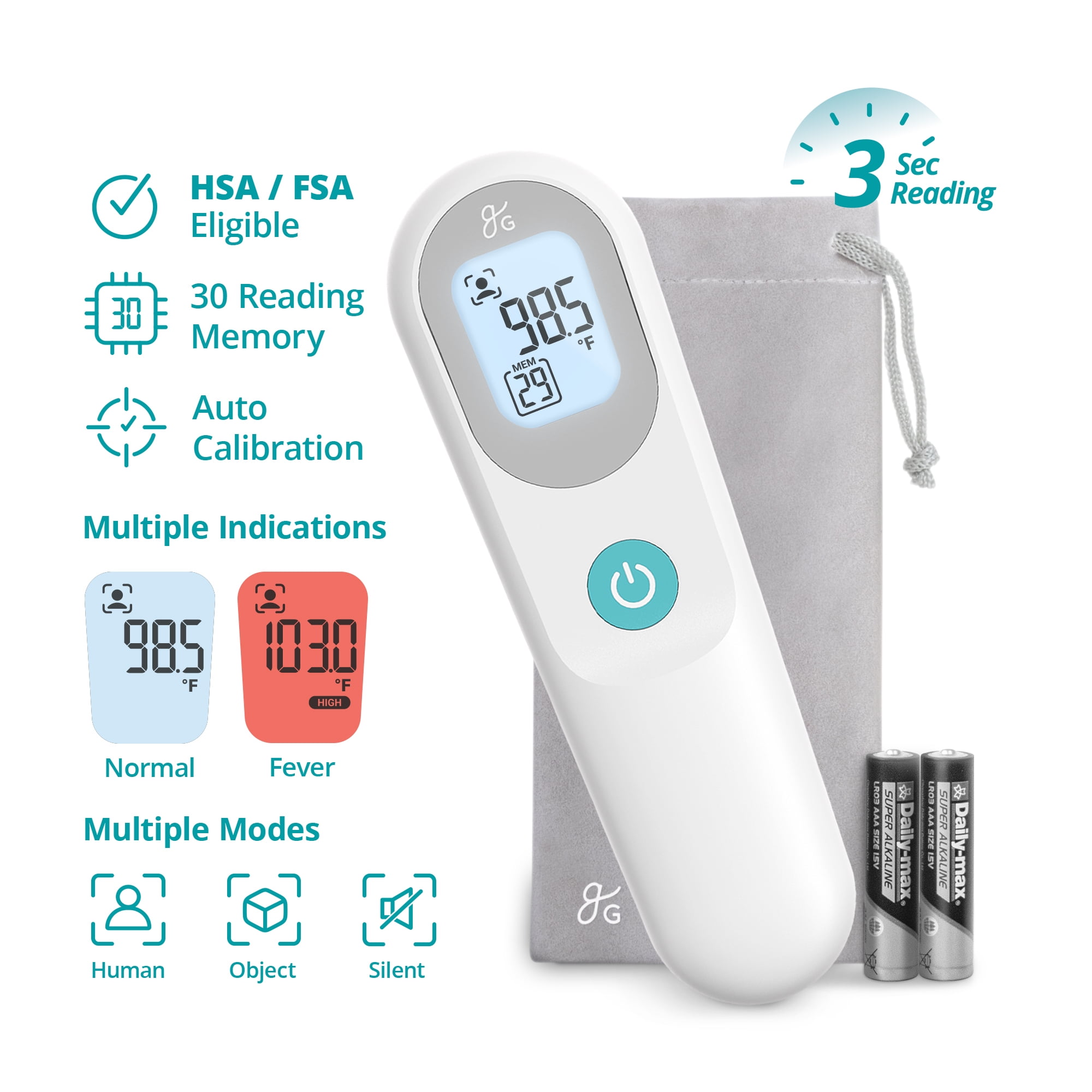 Greater Goods Home Digital Infrared Forehead Thermometer, Kids and Adults with Backlit Display, White