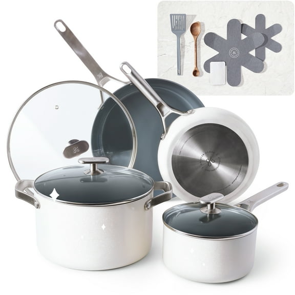 Greater Goods Savvy Ceramic Nonstick Cookware Set, 10 Piece Kit (Birch White)