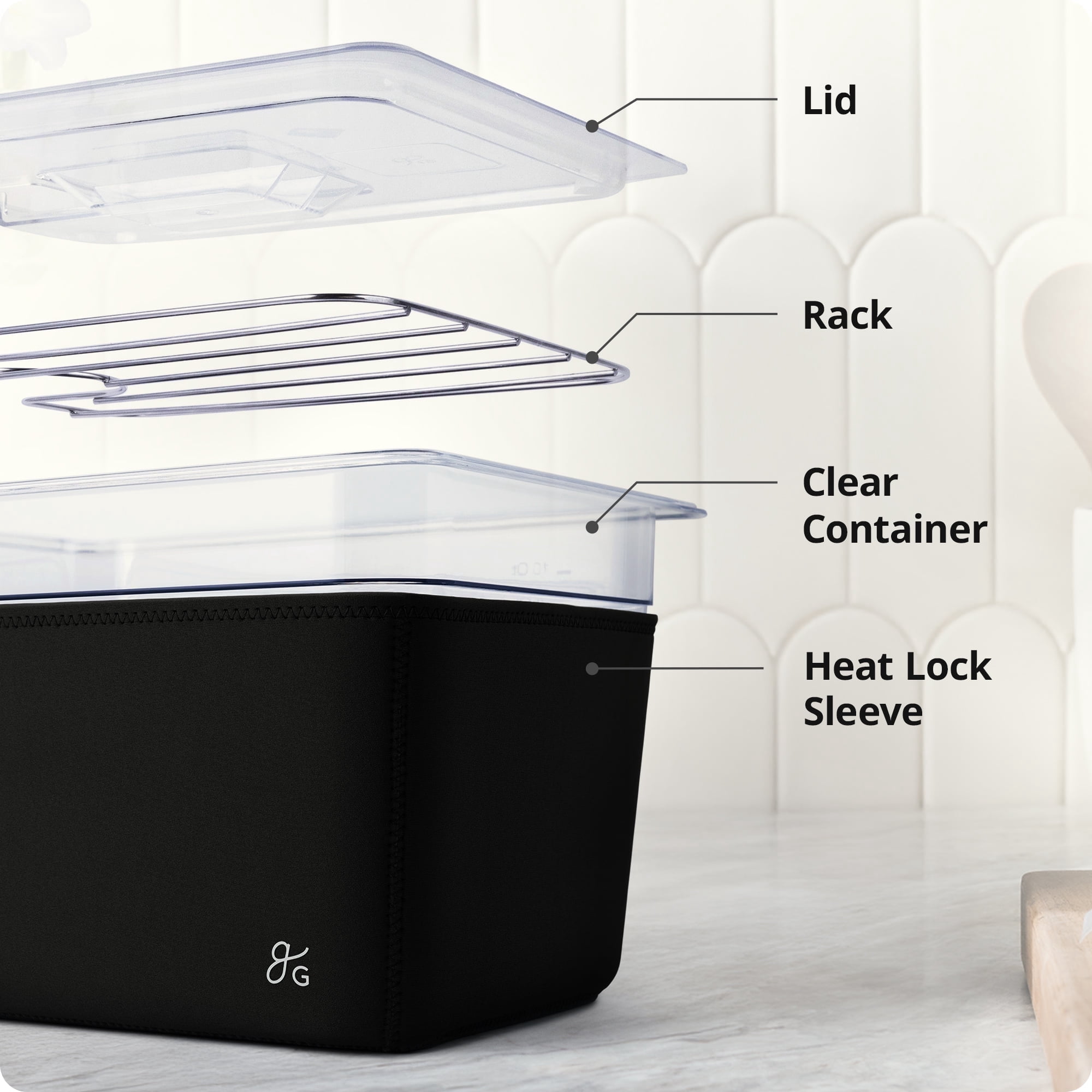 Greater Goods 12 Quart Sous Vide Container with Lid and Rack, Protective Sleeve - Onyx Black